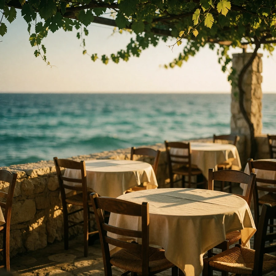 Empty seaside taverna terrace with linen-covered tables overlooking the turquoise Mediterranean at golden hour
