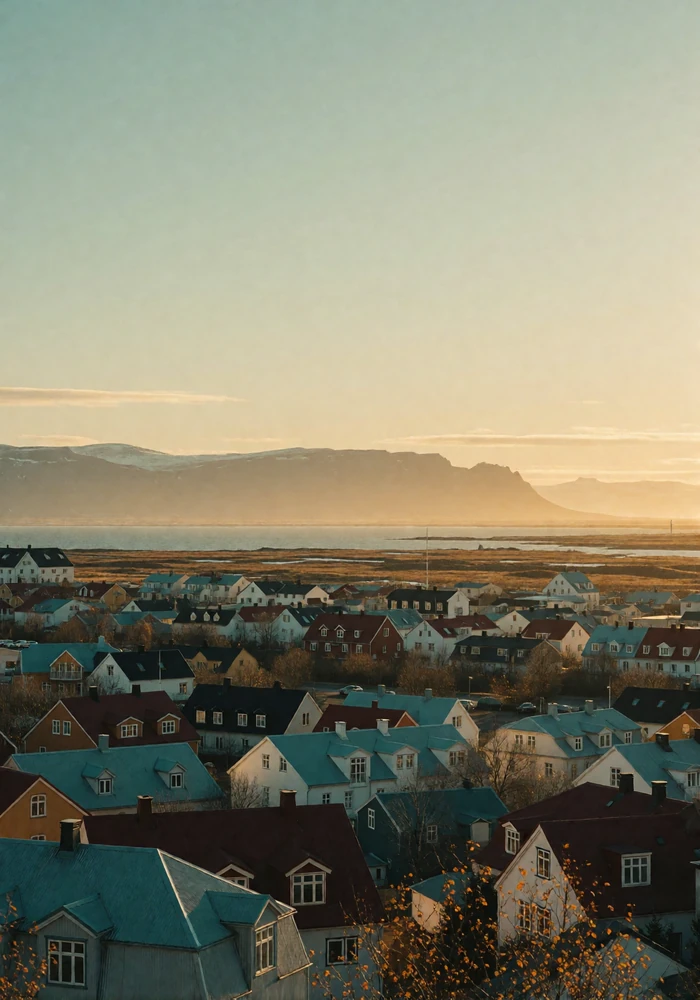 Reykjavik's colorful low rooftops with dark volcanic mountains and pale sea beyond
