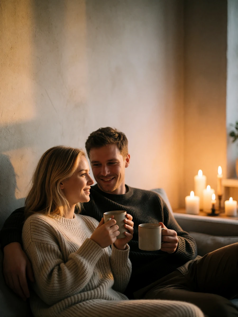 Couple seated close together on a sofa in a candlelit Danish apartment holding mugs and smiling