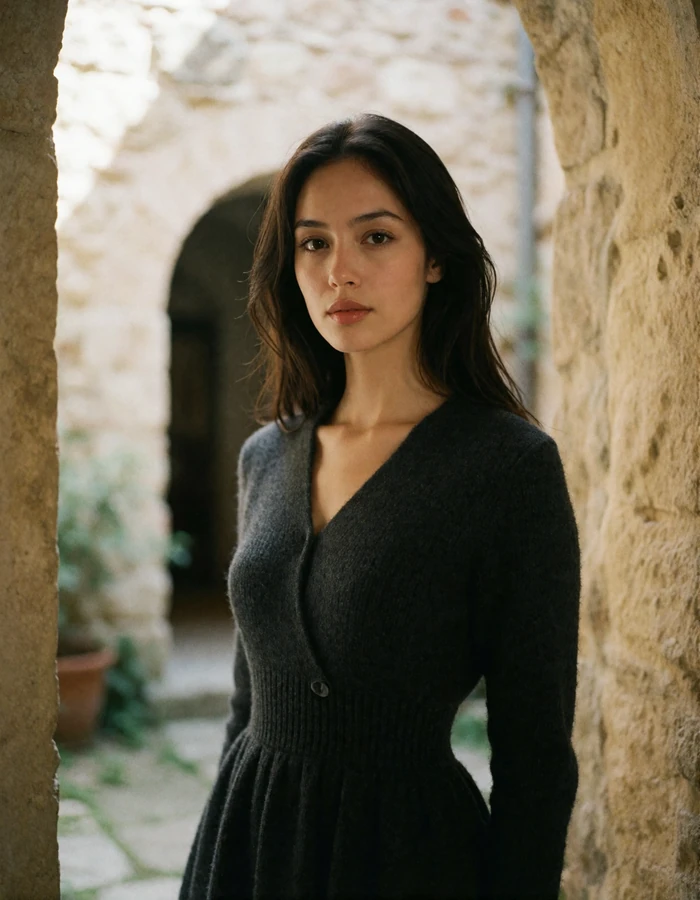 San Marinese woman in her late twenties with long dark hair and a charcoal knit dress in a small stone courtyard