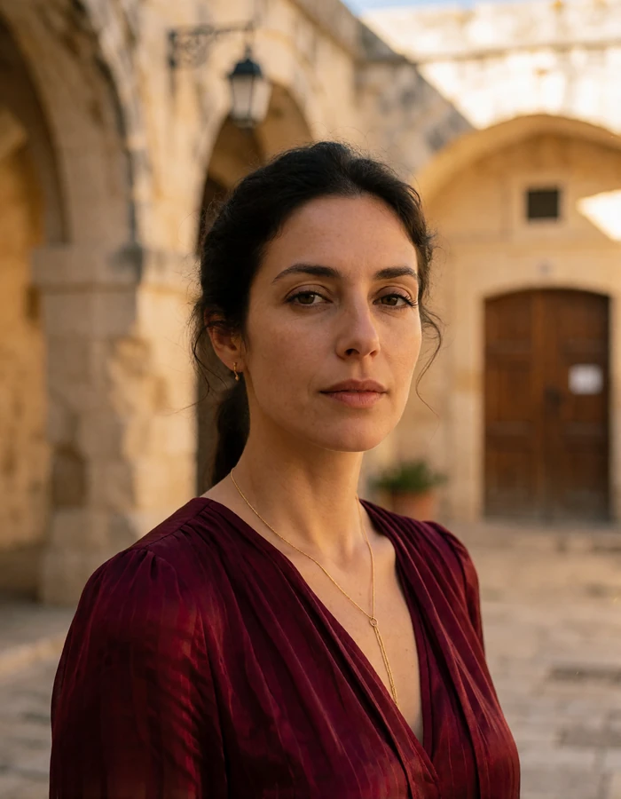 Maltese woman in her mid thirties with dark pinned hair and a burgundy dress in an Mdina courtyard