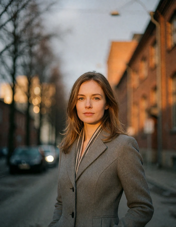 Finnish woman in a grey coat with a thin scarf on an industrial brick street in Tampere