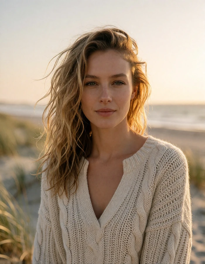 Danish woman in her early thirties with wavy honey-blonde hair on a pale Danish coastline at golden hour