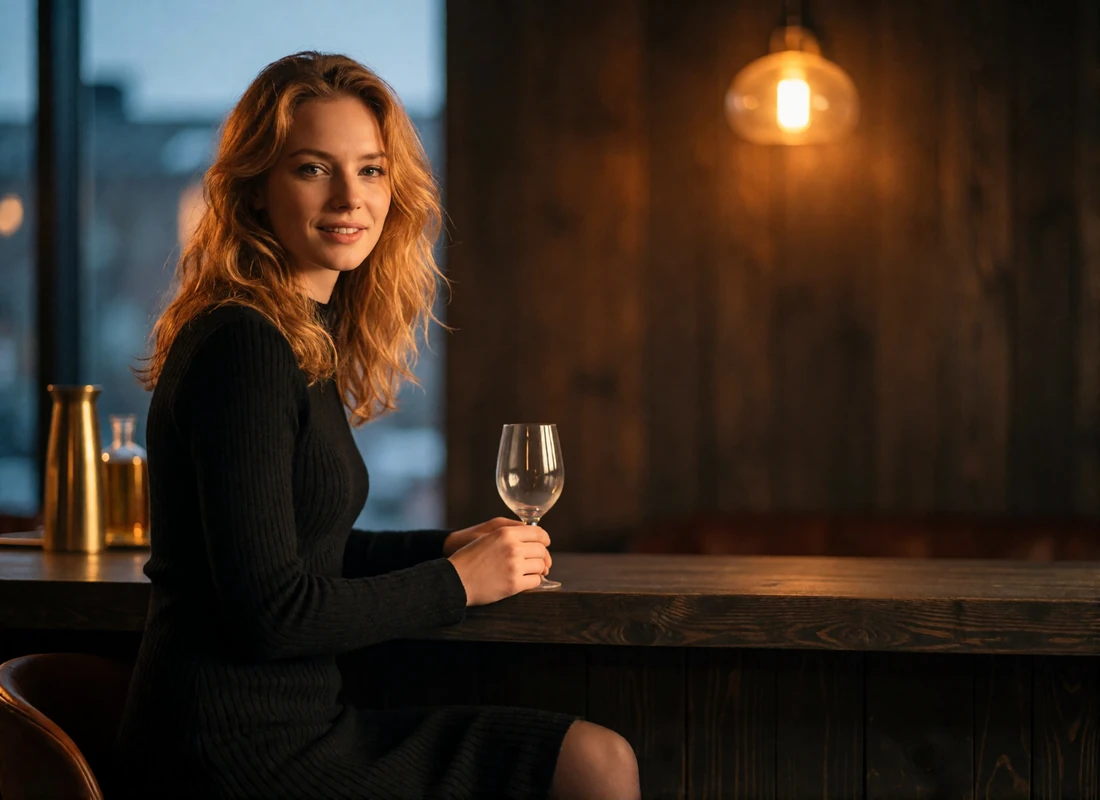 Icelandic woman in a black knit dress seated at a dark-wood bar counter in a low-lit Reykjavik lounge