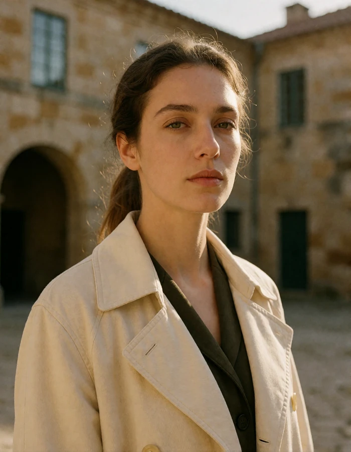 Portuguese woman in her mid thirties with hair pinned back and a cream trench coat in a historic stone courtyard