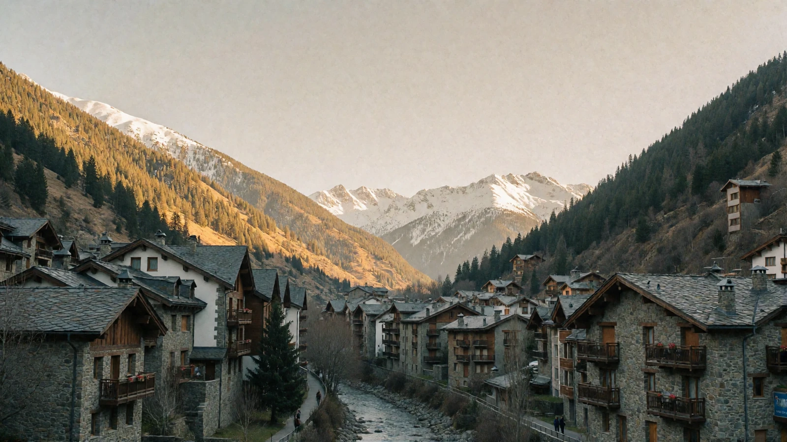 Golden-hour panorama of the valley of Andorra la Vella with stone town buildings and snow-touched Pyrenean peaks