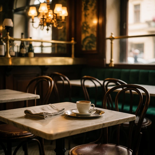 Marble table in a traditional Viennese coffee house with a small coffee cup on a silver tray beside a folded linen napkin