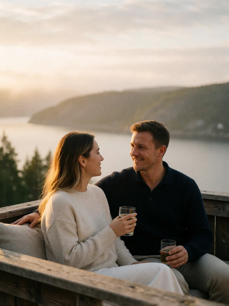 Couple seated on a wooden terrace overlooking a Norwegian fjord, smiling at each other