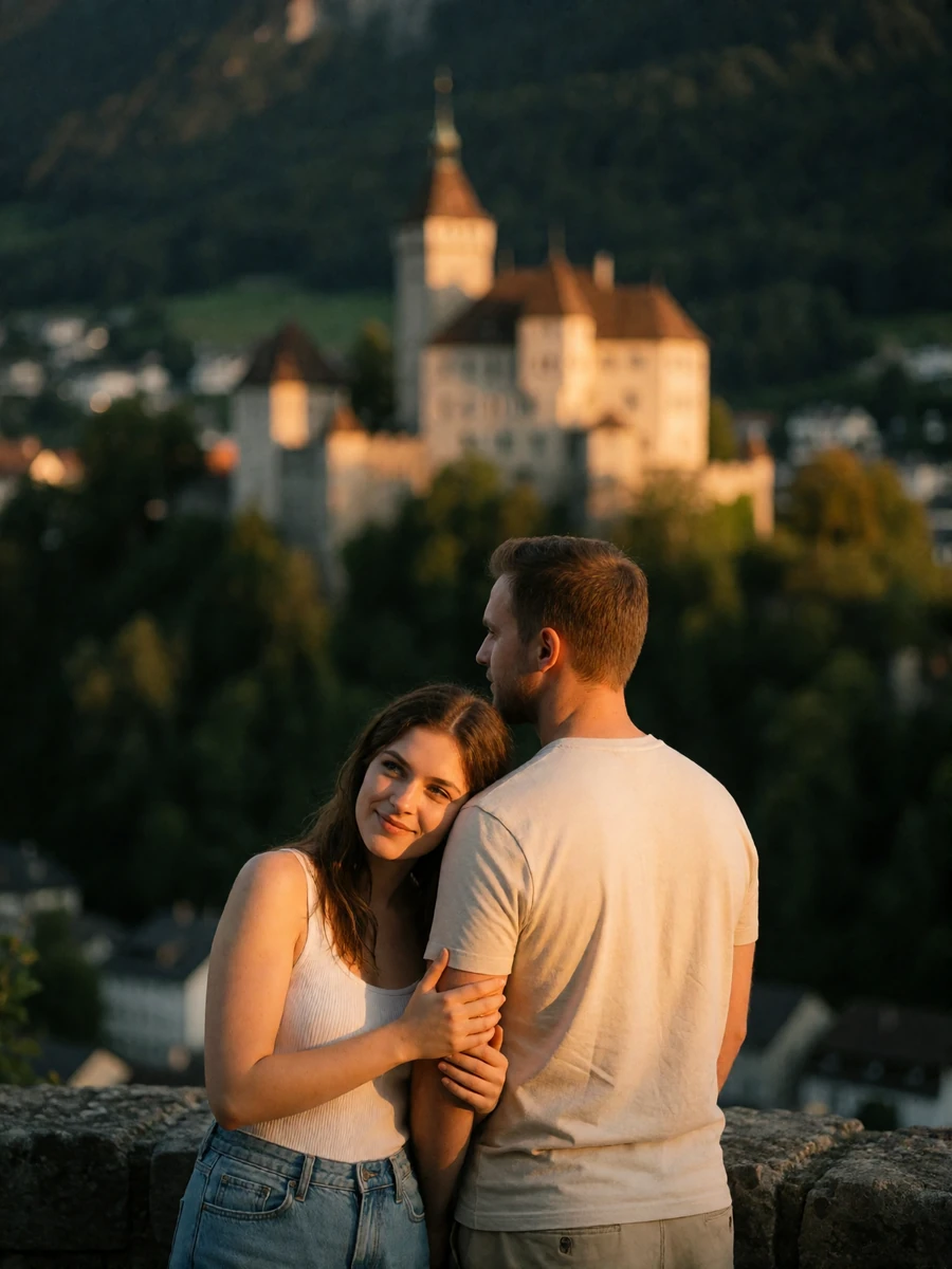 Couple standing close at a stone viewpoint overlooking Vaduz at dusk, the woman leaning against her partner's shoulder