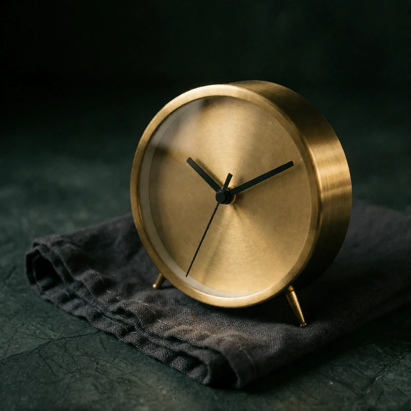 Brushed brass mechanical clock beside a folded charcoal linen napkin on a dark slate surface