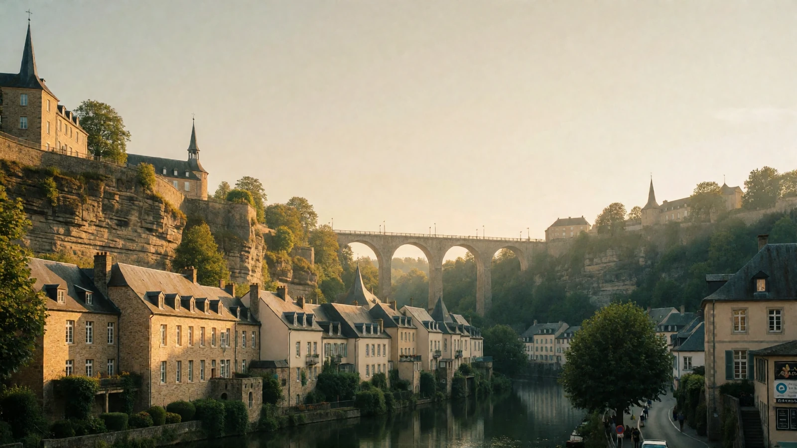 Golden-hour view of Luxembourg City's Grund quarter beneath fortified cliffs and a tall stone viaduct