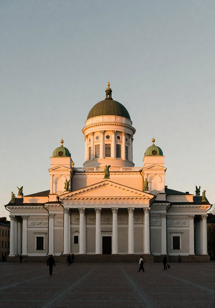 Pale neoclassical Helsinki landmark with green domes rising above an open square