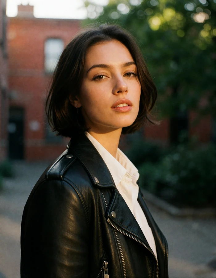 German woman in her late twenties with a short dark bob wearing a black leather jacket in a Munich courtyard