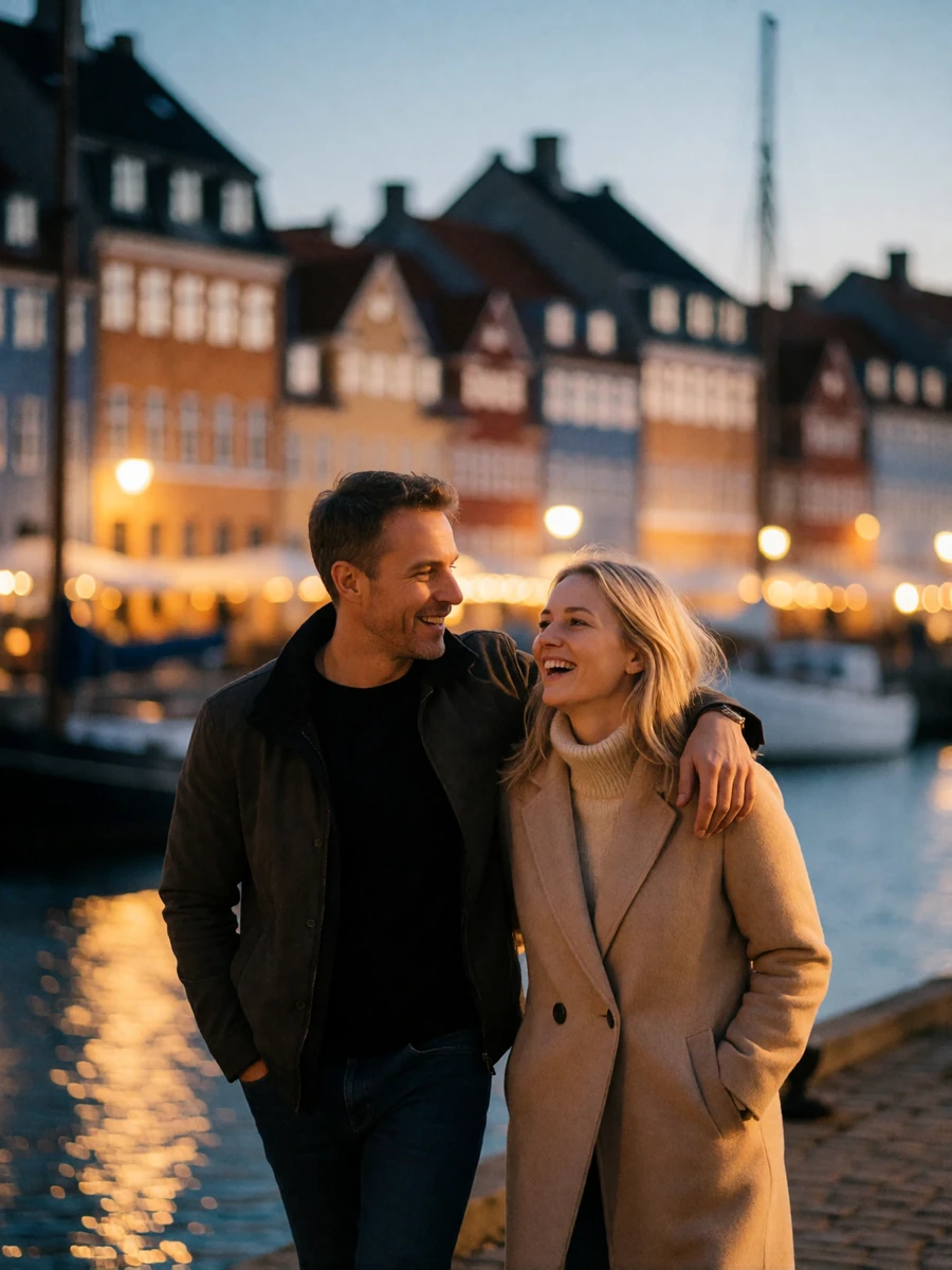 Couple in their late thirties walking arm in arm along a Copenhagen harbor promenade at dusk