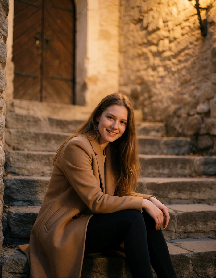 Estonian woman in a camel coat seated on worn stone steps in Tallinn old town