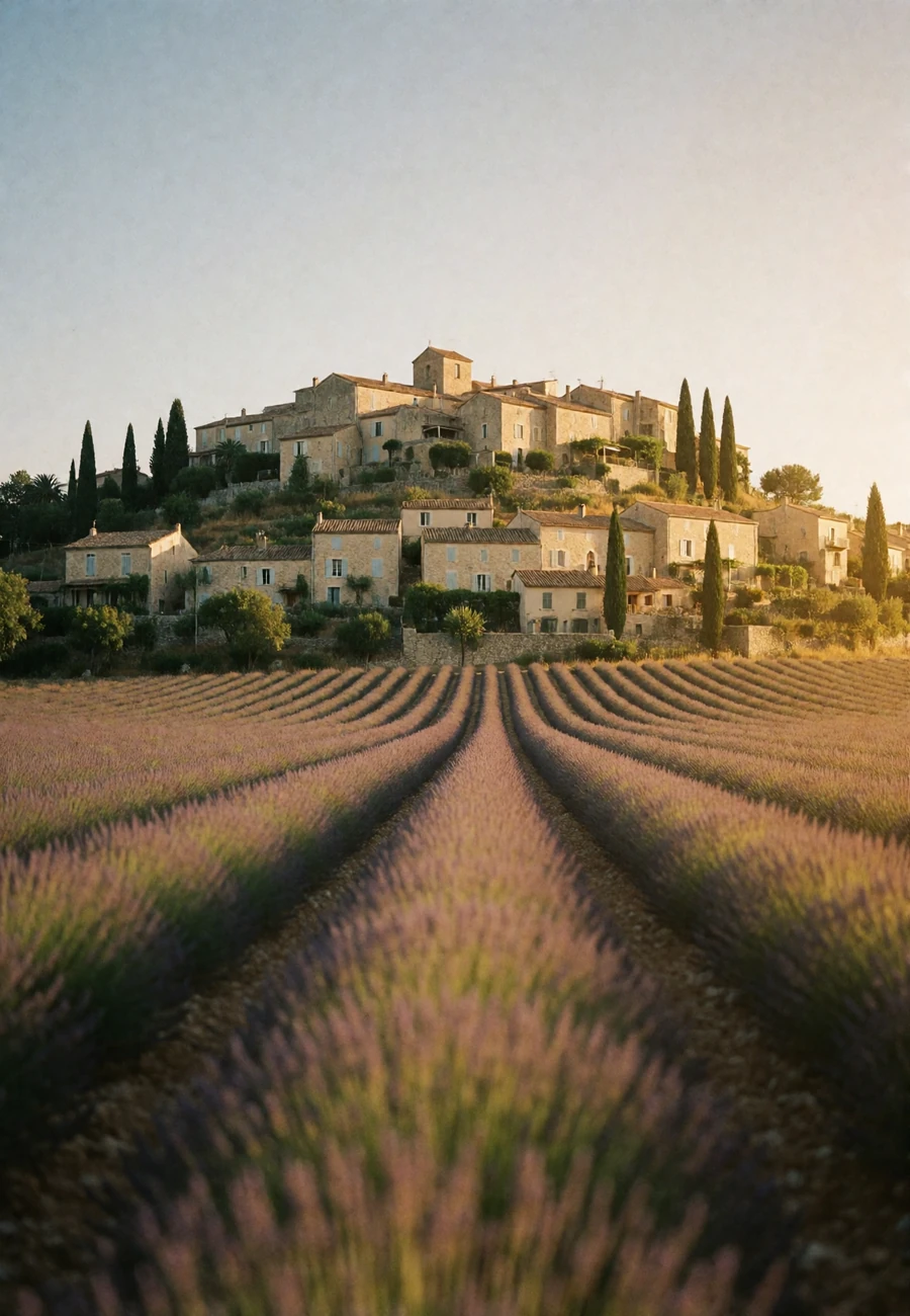 Golden-hour hilltop village in Provence, France, surrounded by lavender fields