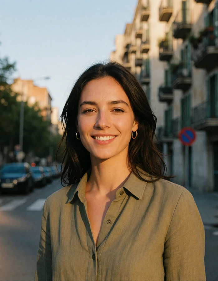 Spanish woman in her late twenties with dark shoulder-length hair and gold hoop earrings in front of Barcelona modernist facades