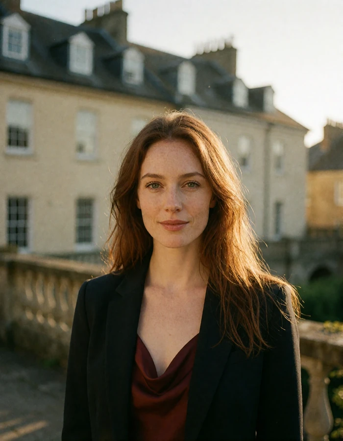 British woman in her early thirties with long auburn hair and a dark blazer in front of a Georgian townhouse terrace