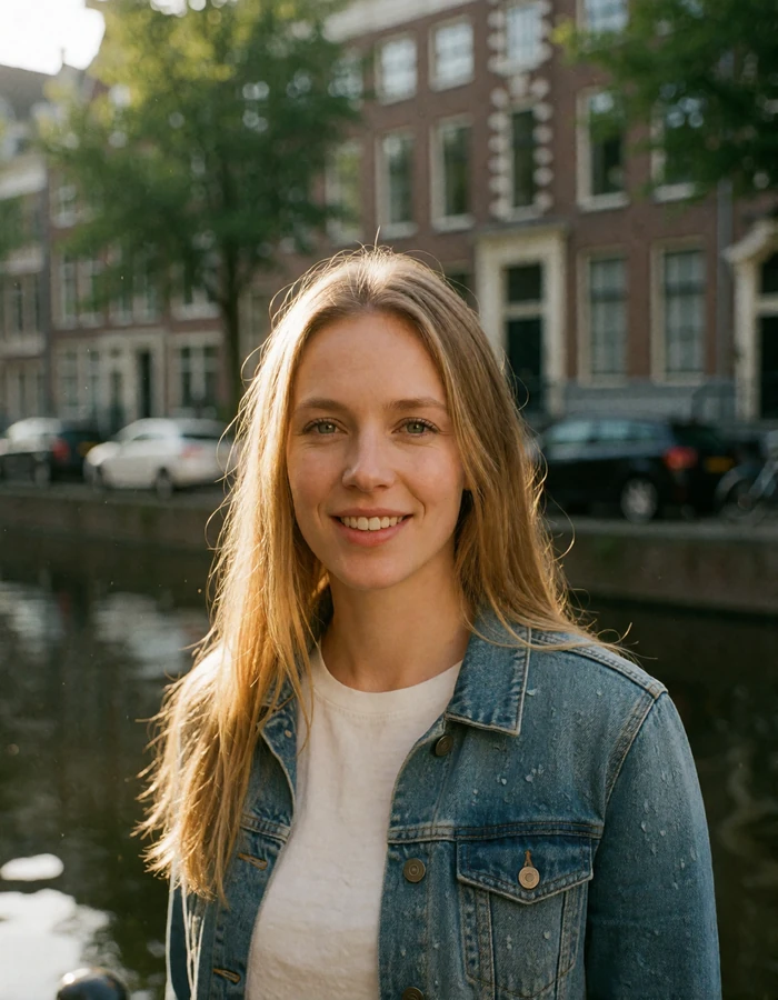 Dutch woman in her early thirties with long straight blonde hair in a denim jacket beside a canal