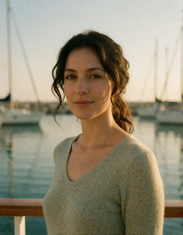 Cypriot woman in her mid thirties standing at a Limassol harbor railing at golden hour