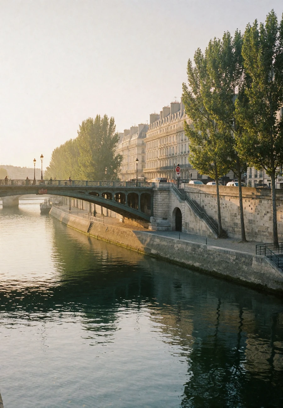 Parisian riverside at golden hour with a stone bridge crossing the Seine