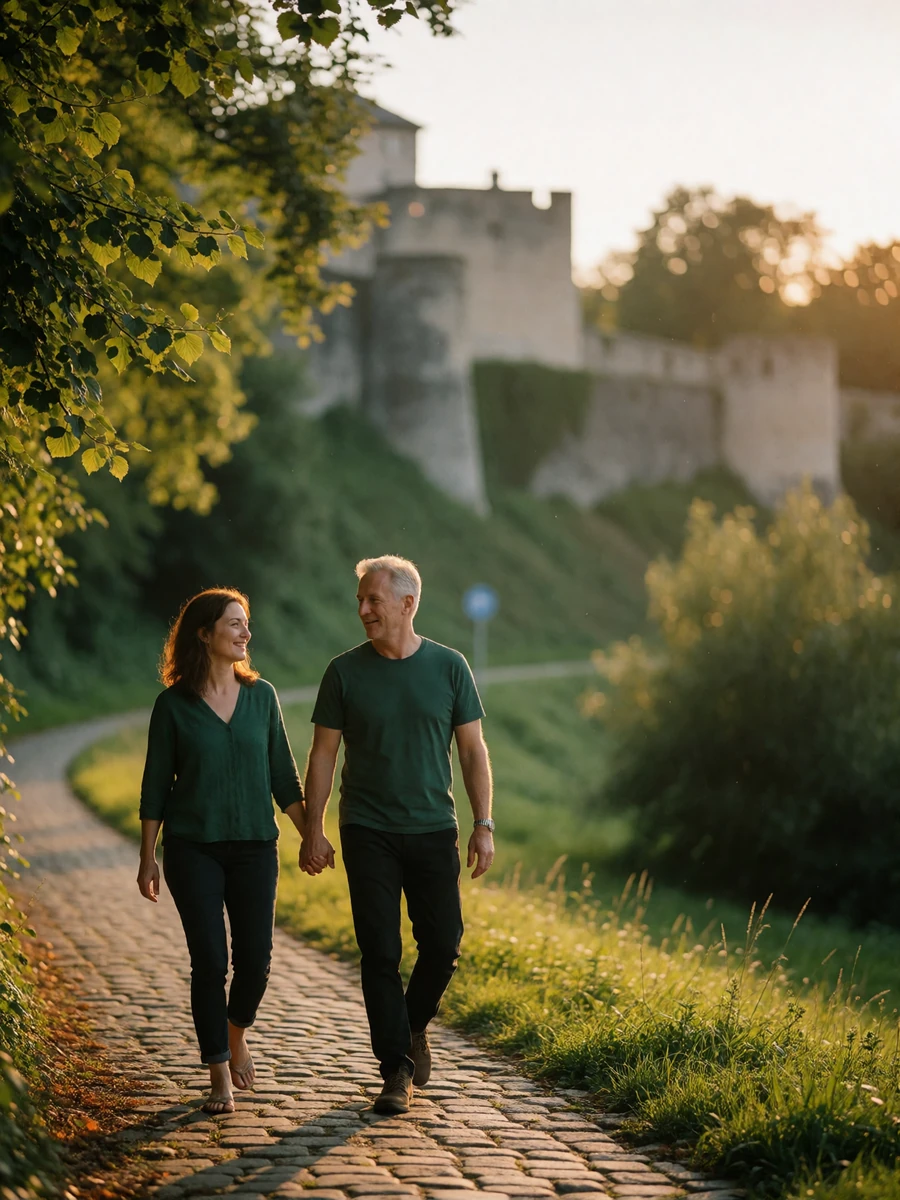 Couple in their forties walking hand in hand along a stone path in the green valley beneath Luxembourg City