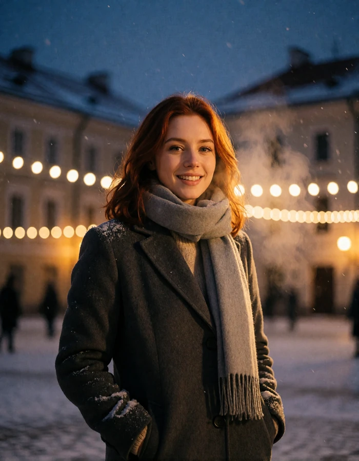 Lithuanian woman in a charcoal wool coat in a Vilnius square on a cold clear evening