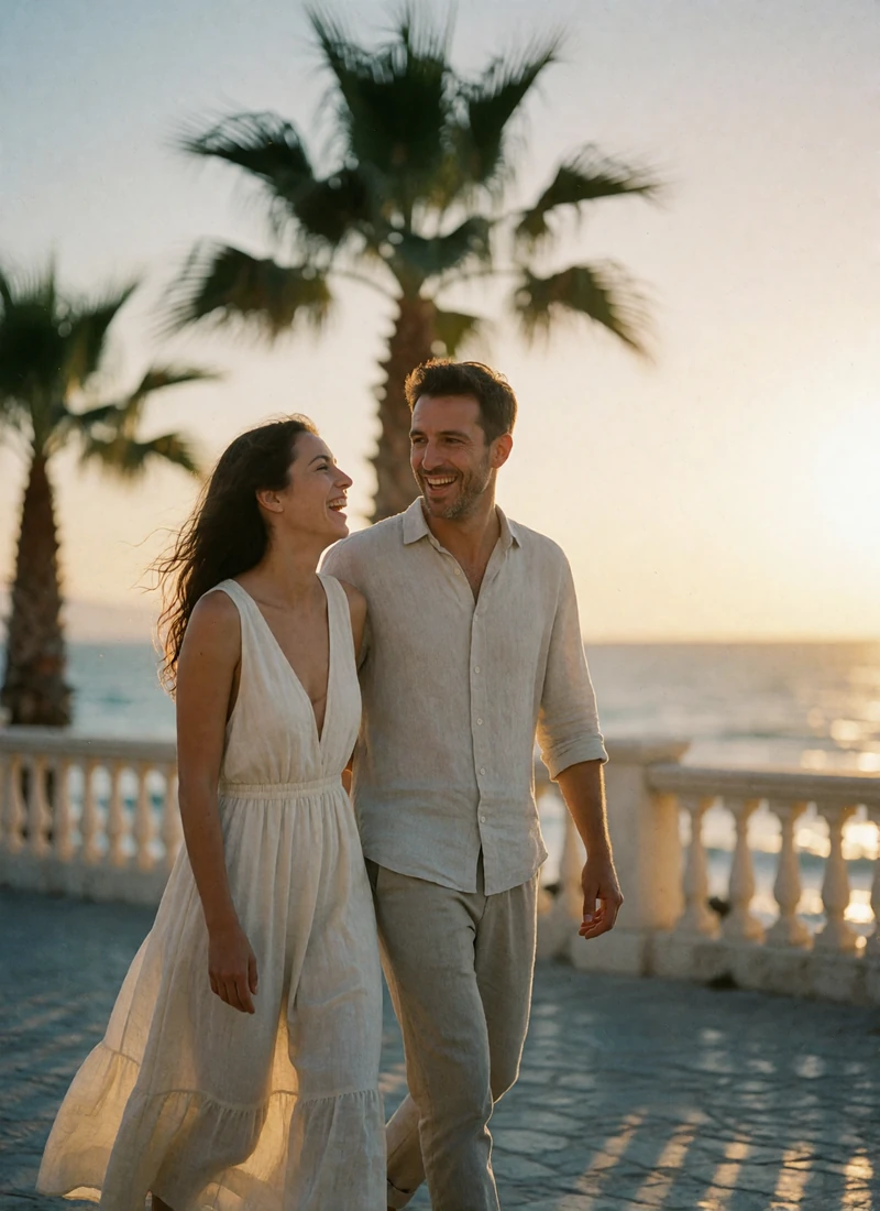 Couple walking along a Cypriot seafront promenade at sunset with the sea glowing behind them