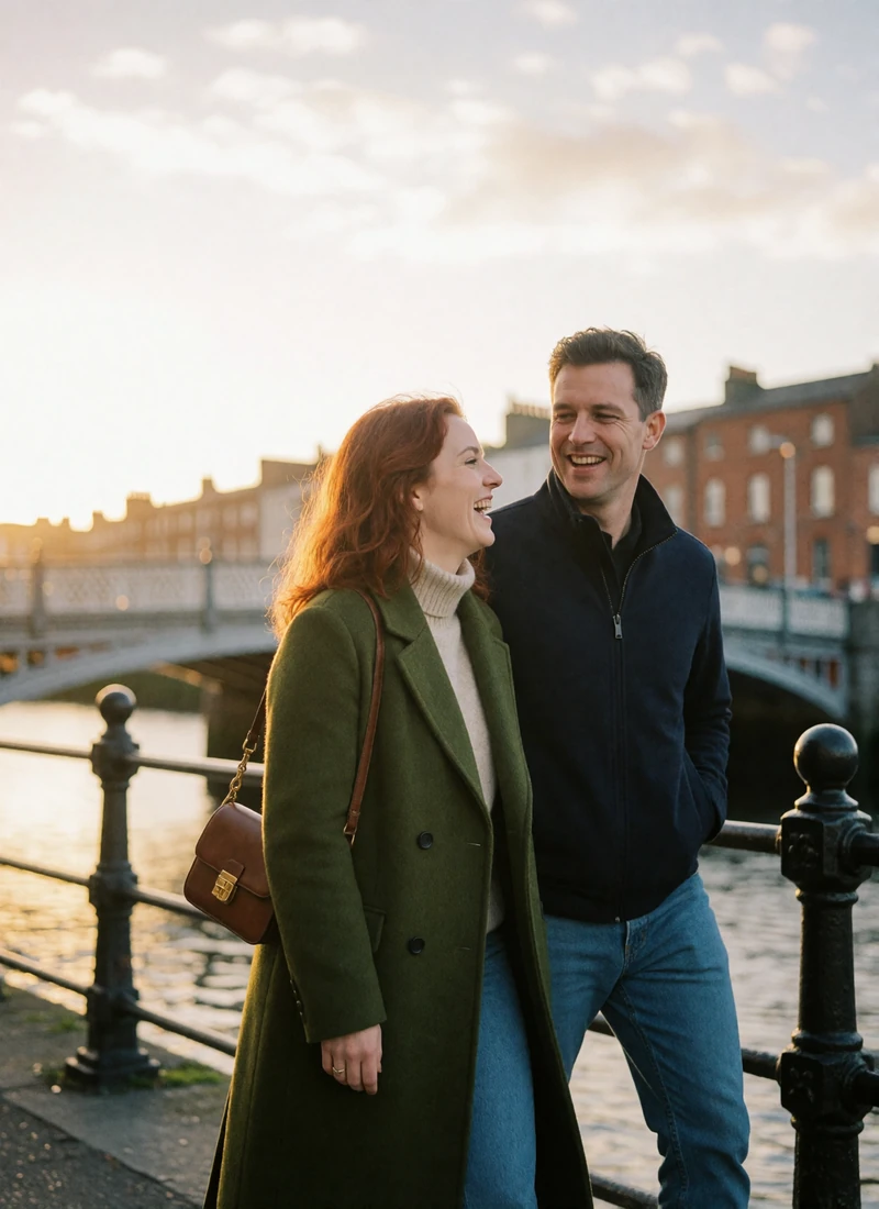 Couple in their late thirties walking together along a Dublin quayside at golden hour near an iron bridge