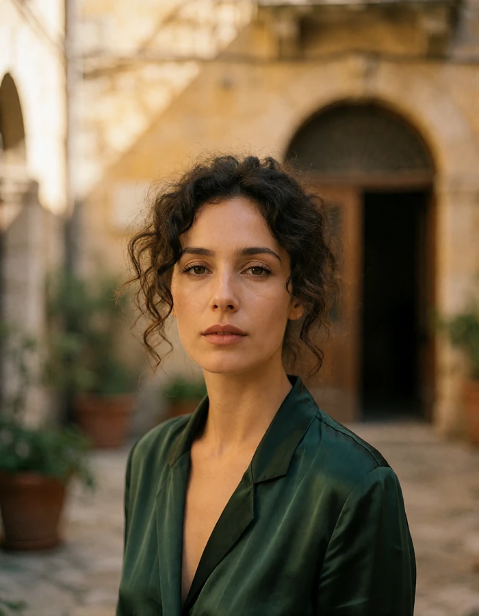 French woman in her thirties with dark curly hair wearing a deep green silk blouse near a stone courtyard