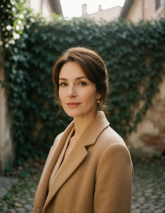 Woman in her early forties in a quiet Roman courtyard near the historic center