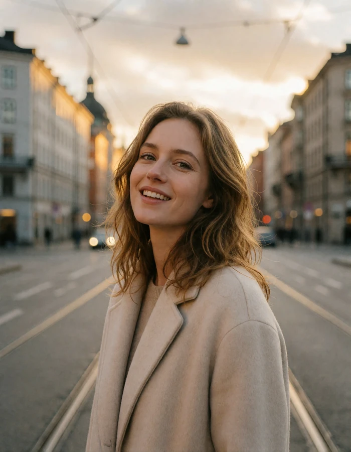 Swedish woman in her early thirties with wavy light-brown hair and a cream wool coat on a wide Nordic boulevard
