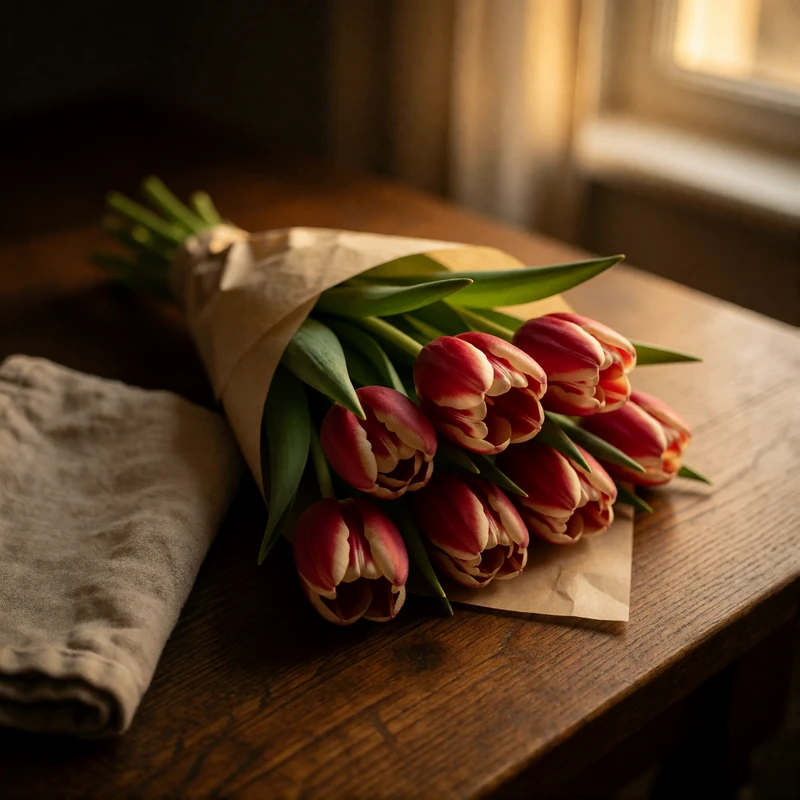 Hand-tied bouquet of deep red and cream tulips wrapped in plain paper on a dark oak table