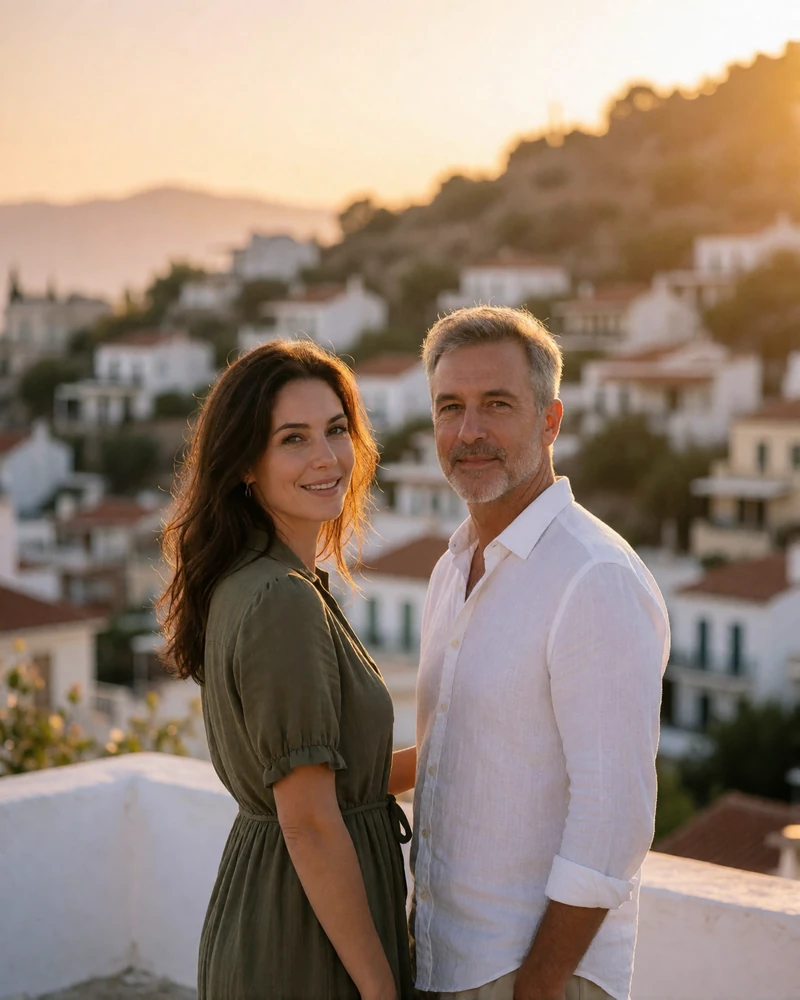 Couple in their late thirties on an Athens rooftop terrace at sunset with white houses on the hillside behind them