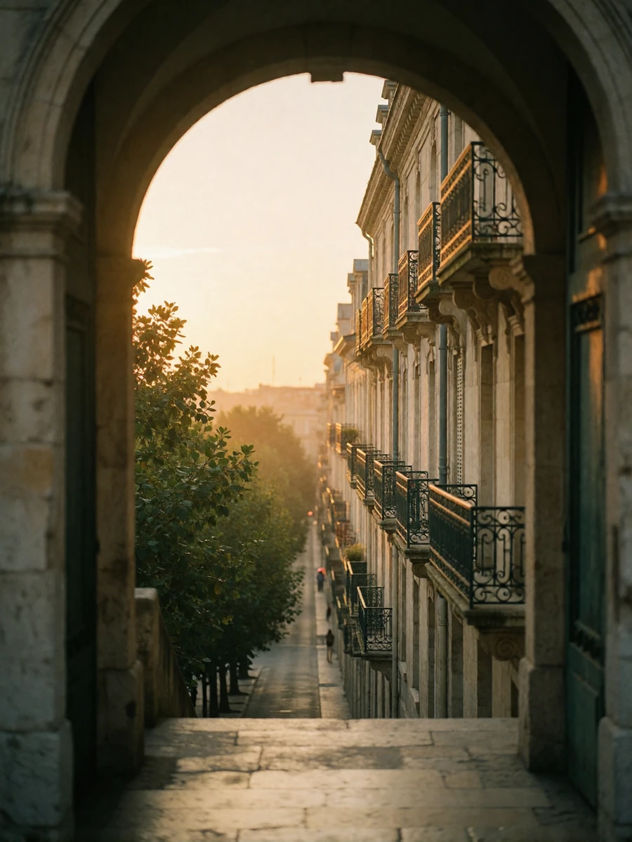 View through a stone archway onto a Western European boulevard with limestone facades at dusk