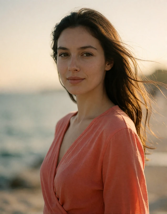 Greek woman in her early thirties with dark hair on the Thessaloniki waterfront promenade at golden hour