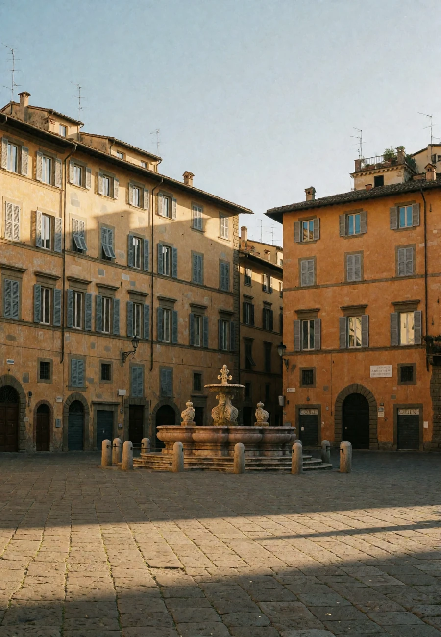 Historic Italian piazza with ochre palazzi and a baroque fountain at golden hour