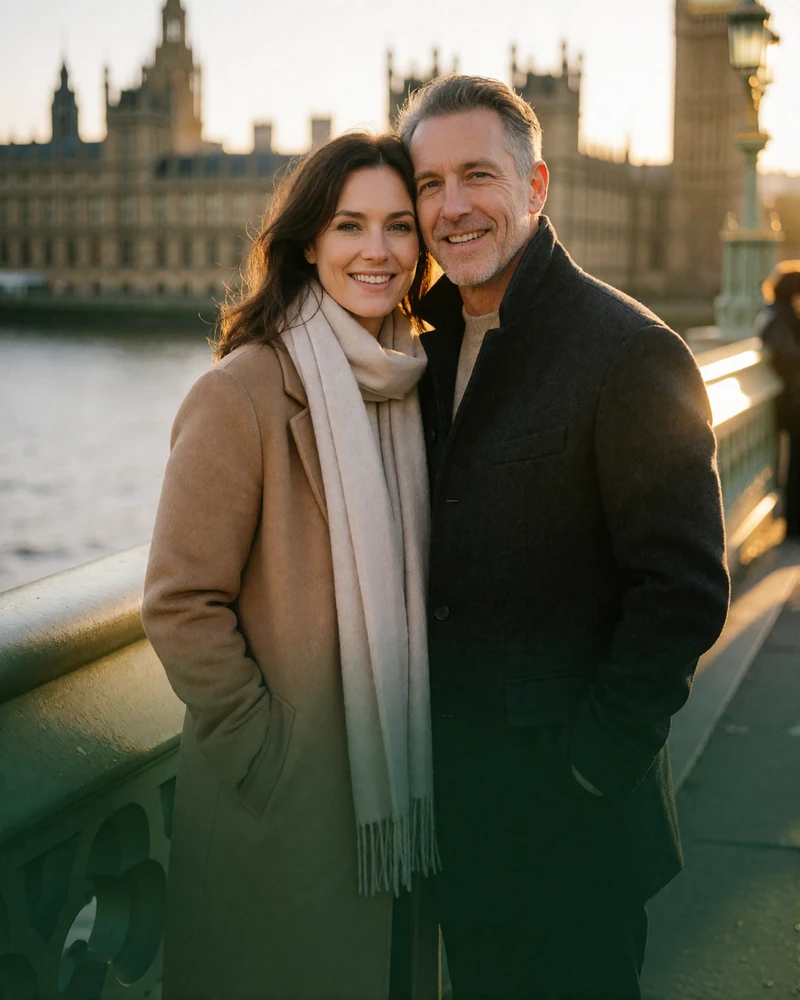 Couple in their late thirties standing close together on a London bridge with the Westminster skyline behind them