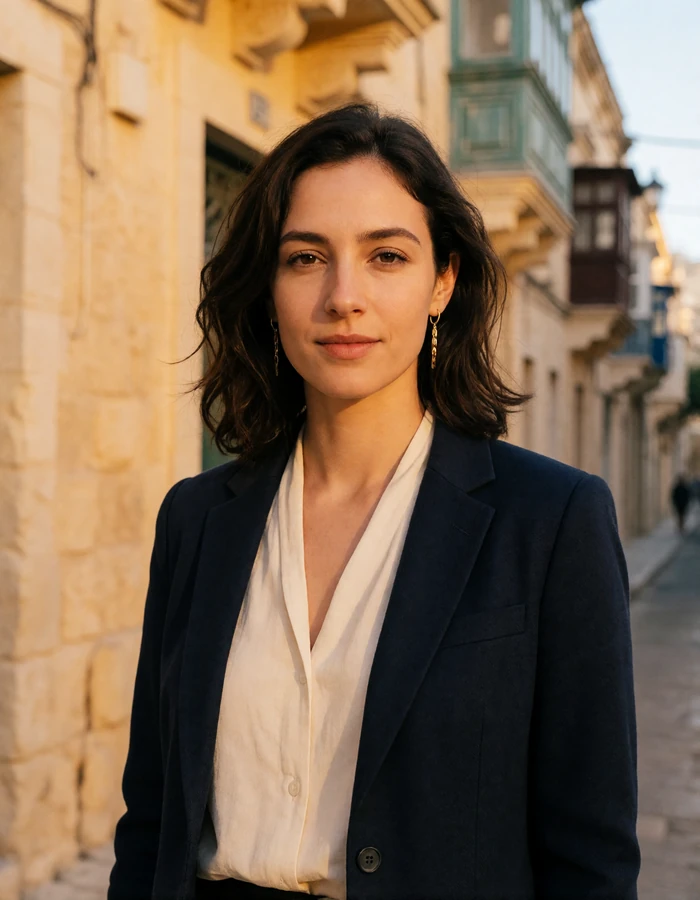 Maltese woman in her late twenties with dark waved hair and a navy blazer on a Valletta street at evening