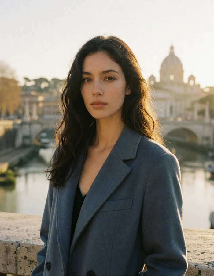 Woman in her late twenties on a Roman bridge with a dome visible in the distance