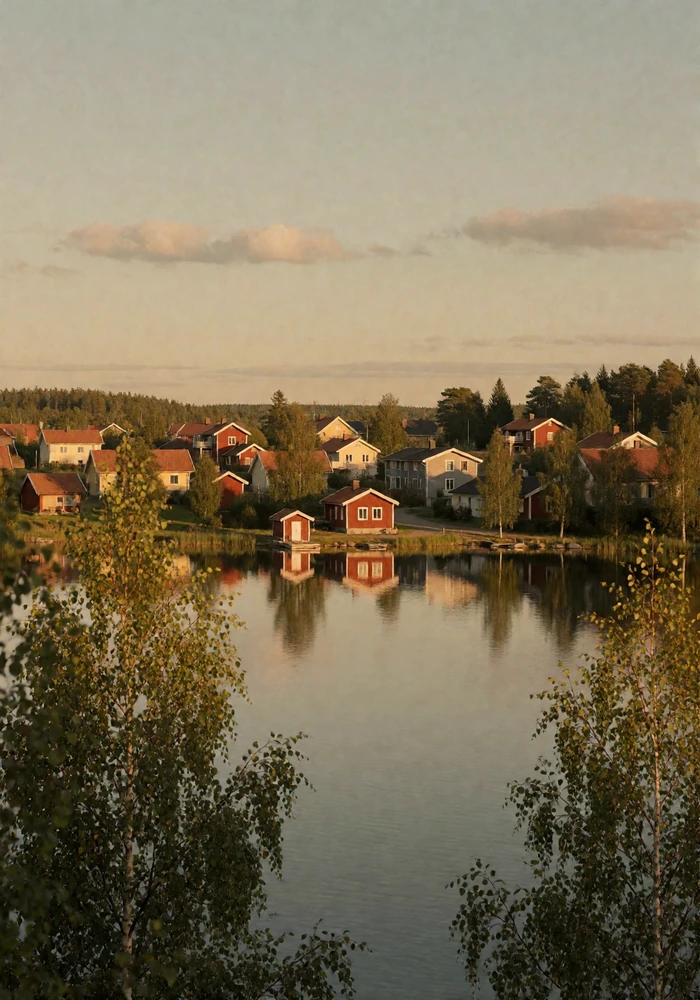 Small Swedish lakeside town with red timber houses among birch and pine at golden hour