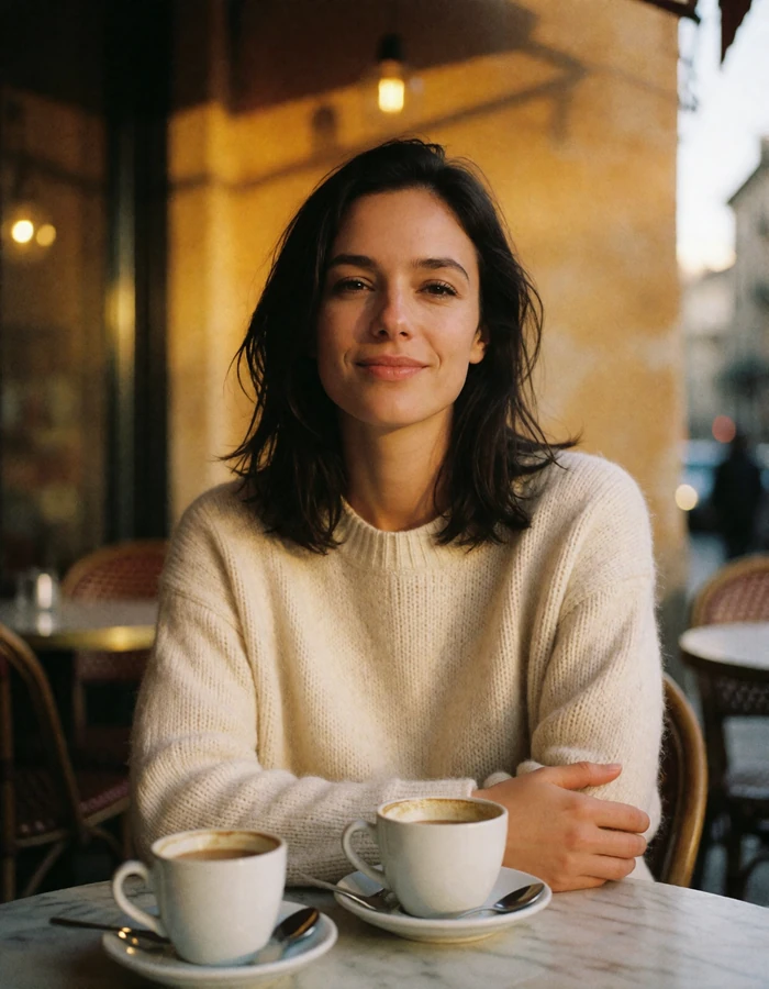 Woman in her mid thirties seated at a marble cafe table on an ochre Roman street