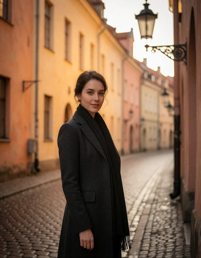 Latvian woman in her early thirties with dark brown hair on a cobbled street in Riga's old town