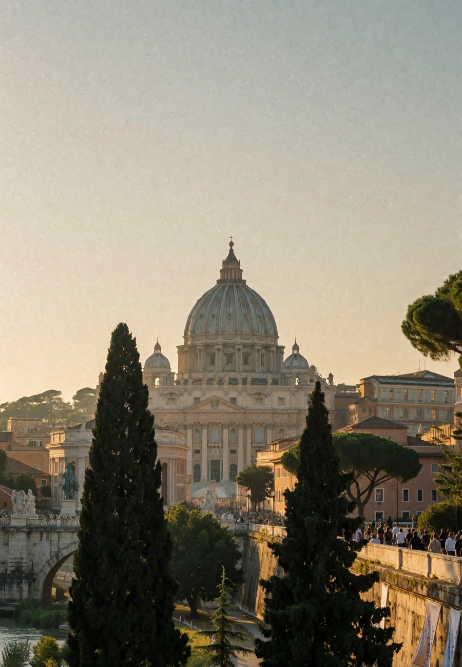 Dome of Saint Peter's Basilica rising above Roman rooftops at golden hour