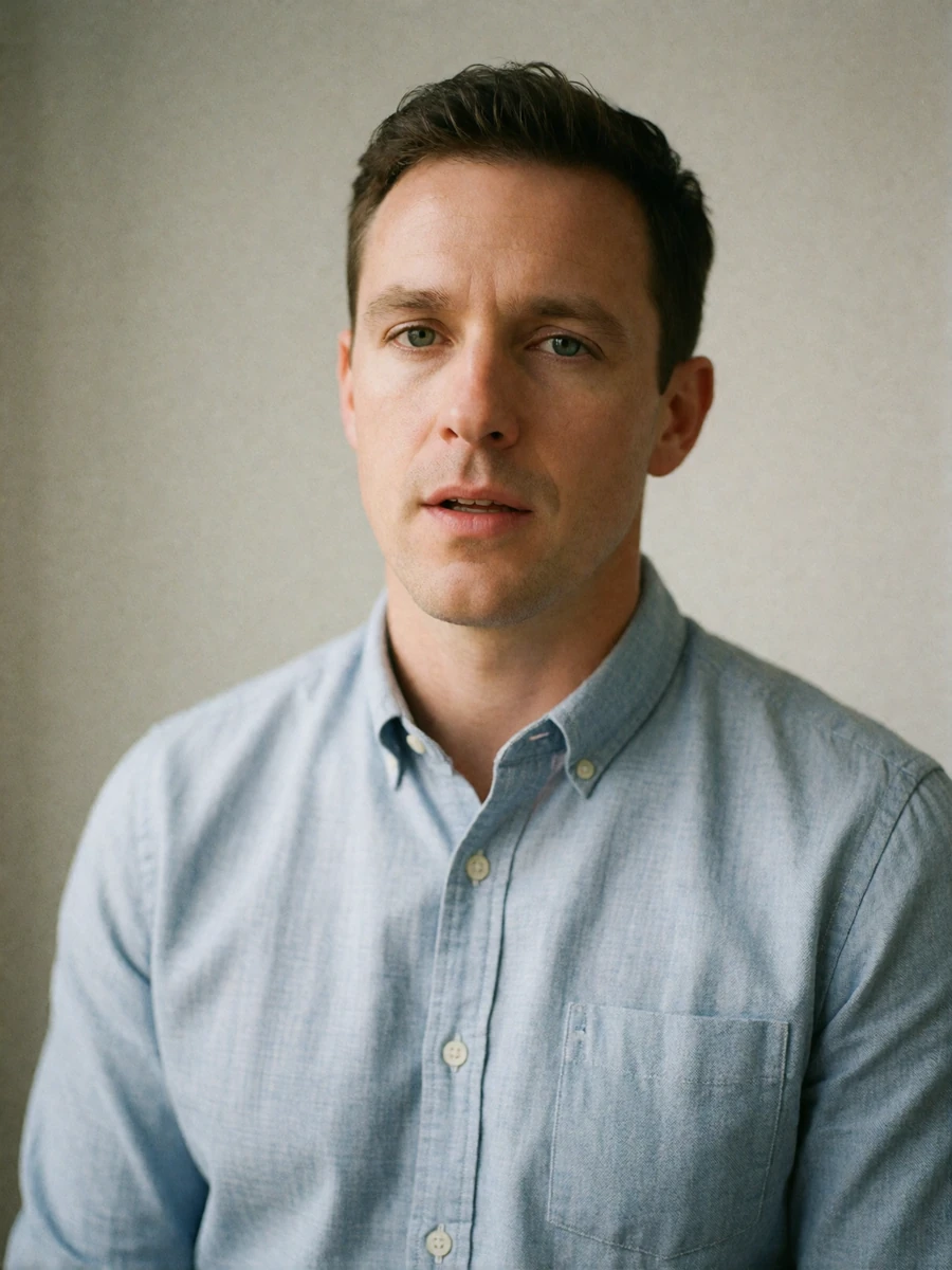 Man in his late thirties in a light blue shirt with an uncertain expression against a plain pale studio wall
