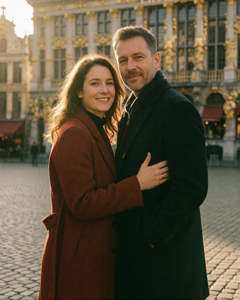 Couple in their late thirties standing close together on a cobbled Brussels square with ornate facades behind them