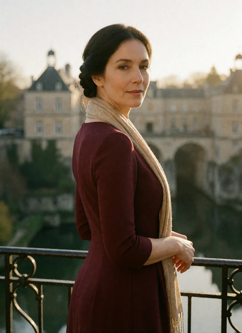 Luxembourgish woman in her late thirties in a burgundy dress on a terrace overlooking the Luxembourg valley