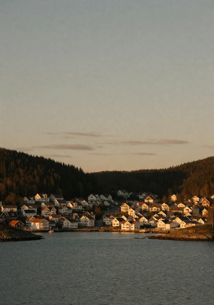 White timber houses along a quiet Norwegian coastal inlet beneath dark forested slopes