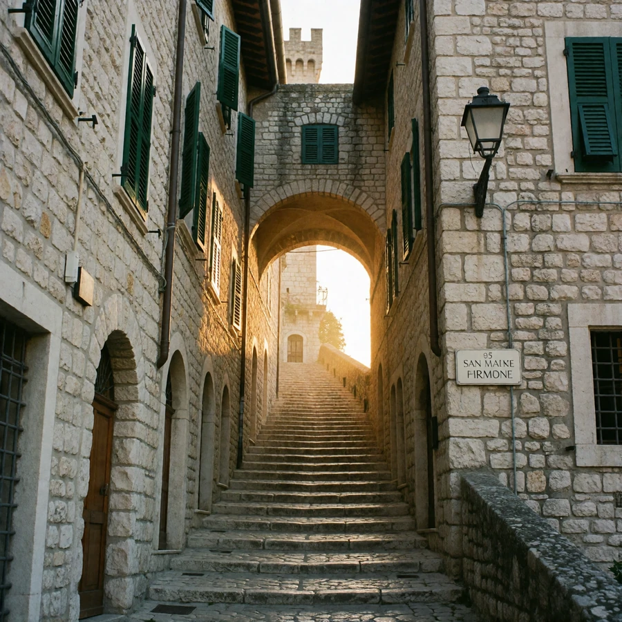 Steep narrow medieval stone lane in the City of San Marino with an arched passage rising toward sunlight