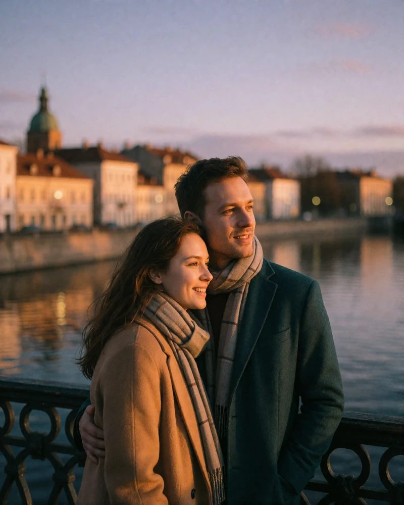 Couple in their thirties standing close together on a bridge over the Daugava in Riga at dusk